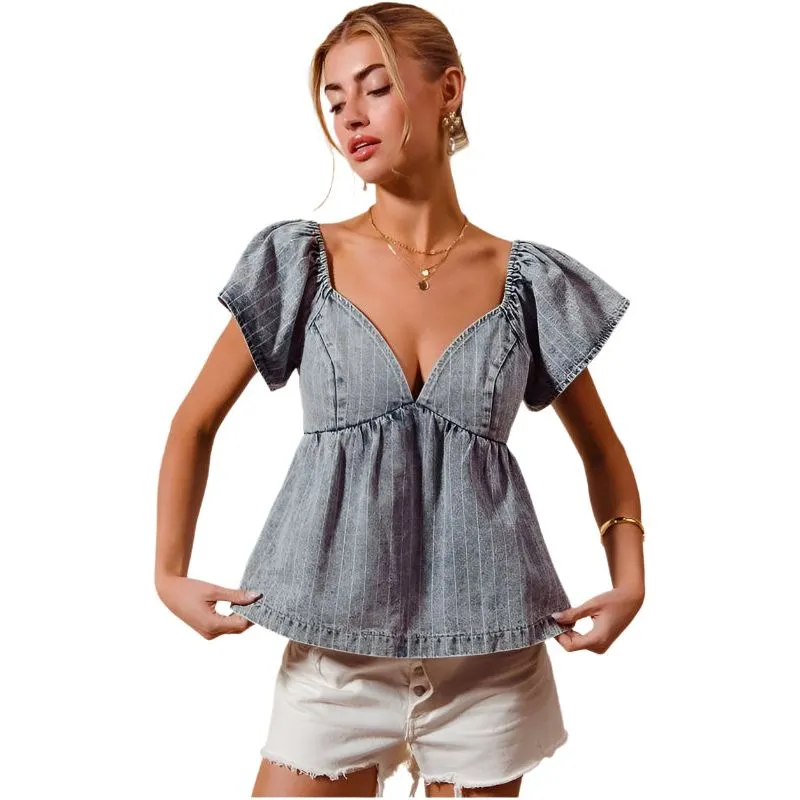 Women's Chambray and White Pinstriped Babydoll Top