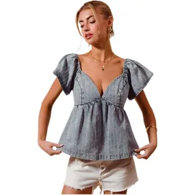 Women's Chambray and White Pinstriped Babydoll Top